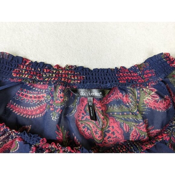 DAISY FUENTES - WOMEN'S SHEER BLUE & RED PRINT 3/4 SLEEVE PEASANT TOP - XS - Picture 3 of 5
